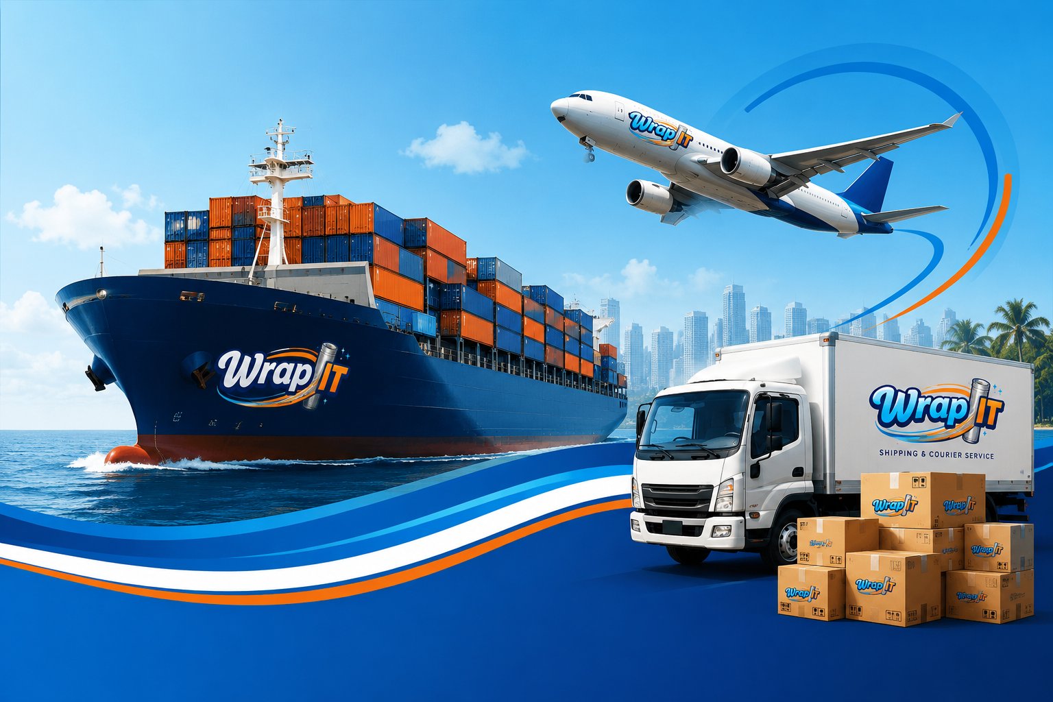 WrapIt Shipping cargo ship, airplane and delivery truck
